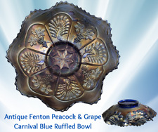 Estate Antique FENTON Art Glass PEACOCK & GRAPE Carnival BLUE Ruffled 9