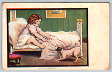 c1910s Good Morning Child Fighting Dog For Blanket Funny Humor Vintage Postcard picture