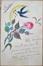Original Art, Hand Painted 1915 French Postcard, Moon, Rose, Bird With Letter picture