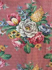 Vintage Shabby Pink Rose Bouquet Barkcloth Pink Background Antique Fabric 2 Yard picture