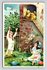 TUCK's Easter Greetings Boy Girl & Baby Chicks Eggs Flowers Postcard picture