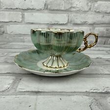 Royal Sealy China Japan Footed Cup Teacup & Saucer Scalloped Green & Gold picture