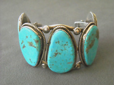 HUGE Native American Navajo Sky-Blue Turquoise Row Sterling Silver Cuff Bracelet picture