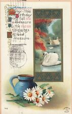 Vintage Birthday Postcard  SWAN   & BLUE VASE  DAISIES POSTED  1913 picture