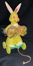 VINTAGE ROSBRO PLASTIC EASTER TOY W/WHEELS - ‘PETER RABBIT’ PULL-TOY W/CANDY picture