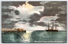 Postcard Moonlight Scene At Long Beach, Sailing Ship, California Unposted picture