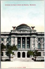 Entrance To Public Library & Museum Milwaukee Wisconsin Bldg. Landmark Postcard picture