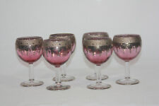6 Vintage Bohemian Venetian Wine Glasses Cranberry Fade Silver Trim NS SN picture