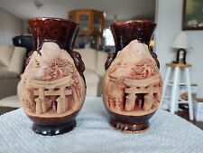 VINTAGE Pair Japanese Banko Ware 3D Carved Red Ware Vase 6” EXCELLENT CONDITION picture