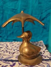 Vintage Brass Duck Figurine Holding A Umbrella Whimsical Collectible Item 