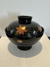 MCM Japanese Lacquerware 5” Lidded Soup Bowl Black W/Copper Color  Flowers picture