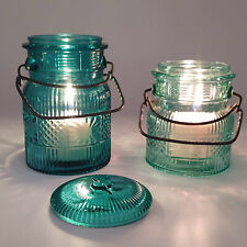 Vtg 70s Avon Blue Glass Wire Bail Jars Embossed Canning Style Large & Small picture