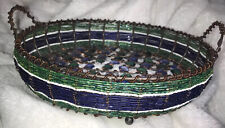 Vintage Beaded Copper Wire Basket Artisan Rare Handmade African Art Footed Blue picture