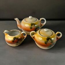 Vintage Japan Scenic Hand Painted Teapot Creamer and Sugar Set Lake Cottage Tree picture