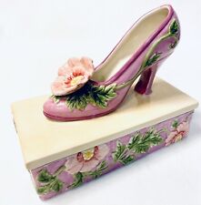 VTG Fitz and Floyd Floral Ceramic 3D Slipper High Heel Shoe Trinket Box Pink picture