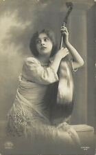 RPPC Beautiful Dark Young Woman Dramatically Holds Lute, Germany Posted 1912 picture