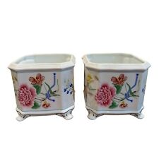 Pair of Lynn Chase Flores Footed Cache Pots Pink Peony Floral Dragonfly picture