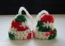 2 Vintage Handmade Red & White & Green Crochet Christmas Bells #4 picture