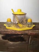 Vtg Medco Condiment Set Yellow Plastic Glass Sugar Bowl, w/ Salt & Pepper Spoon picture