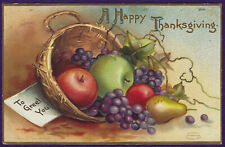 Clapsaddle Thanksgiving Fruit Basket Gold Border Antique A/S Emb PC Vtg c1909 picture