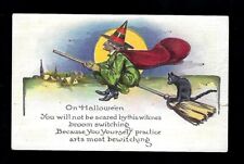 Early 1900's Halloween Postcard Witch Riding a Broom With Black Cat picture