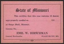 Vintage egg card EMIL W HIRSCHMAN 1950s Osage Bluff Missouri new old stock nrmt picture