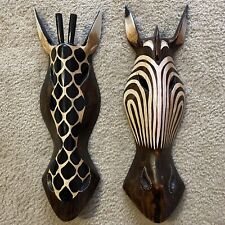 Set of 2 Wooden Tribal Giraffe Zebra Mask Hand Carved Wall Plaque Hanging picture