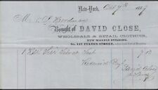 NEW YORK ~ DAVID CLOSE, Wholesale & Retail Clothier ~ BILLHEAD 1859 picture