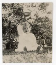 vintage 1900s SWEET TODDLER waving AMERICAN FLAG super cute PATRIOTIC baby picture