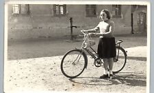 GIRL WALKING BICYCLE c1960 real photo postcard rppc woman bike europe? picture