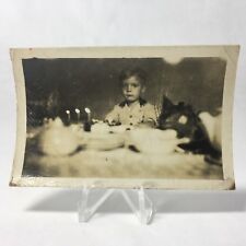 Vtg 1940s Young Boy Birthday Cake With Candles B&W Photo Photograph picture