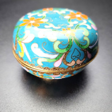 VTG Chinese Cloisonne Box Turquoise w/ Orange Flowers Top Lined 2 1/2