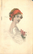Pretty Girl with Coquette Look Holding Flowers 1918 Hand Colored Postcard picture