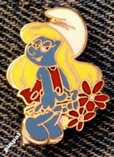 Smurf Brooch Pin ~ Peyo ~ Smurfette with flowers ~ 1980 Vintage Cloisonne picture