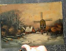 Old Antique Landscape Winter Snow Oil Painting People Buildings Windmill Art picture