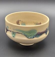 Japanese Art Pottery Chawan Matcha Tea Bowl Glazed Beige Blue Green Brown picture