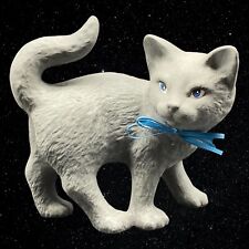 Vintage Art Pottery Gray Blue Eyed Cat With Ribbon 6”T 6.75”W picture