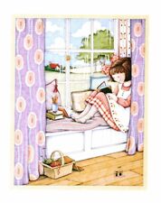 Mary Engelbreit-Vintage Cherry Pinafore Girl Reading Window Seat-POSTCARD-NEW picture
