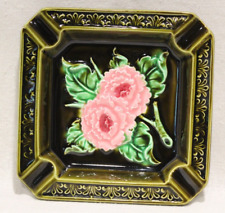 Vintage Retro/Mid-Century Modern Green Ashtray Trinket Dish W/ Pink Flowers picture