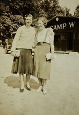 Two Women By Camp W Building Lake Wombasha New York B&W Photograph 2.5 x 3.5 picture