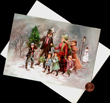 HTF VINTAGE CHRISTMAS Family Tree Cutting Snowing Snowman - Greeting Card picture
