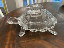 Vintage Clear Glass Turtle Candy Bowl With Lid mama carrying baby turtle 10”Long picture