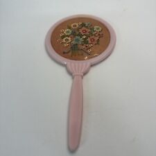 1960’s-70’s Vintage Celluloid Pink Hand Held Vanity Mirror with Flowers picture