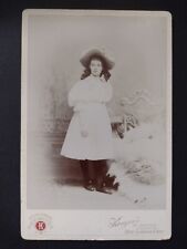 Young Lady with Floral Hat & Fur Rug Photographed Antique Cabinet Card 1890's picture