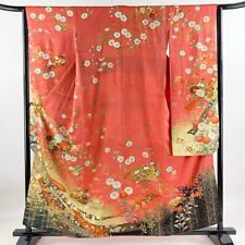 Woman Japanese Kimono Furisode Silk Flower Fan Noshi Gold Foil Silver Pink picture
