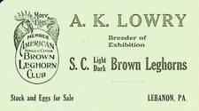 Vtg A.K. Lowry Brown Leghorn Club Breeder Lebanon PA Stock Eggs Business Card picture