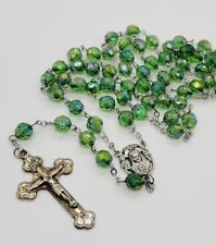 Vintage Rosary Green Beads Aurora Borealis Silver Tone Crucifix 22 in † picture