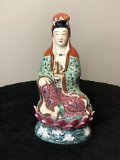 Vintage Chinese Porcelain Guanyin Goddess Colorful Lotus Figurine 8” marked 丁顺记造 picture