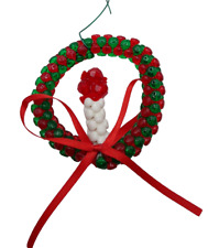 Vintage Green Red Beaded Wire Wreath and Candle Christmas Holiday Ornament 2.5