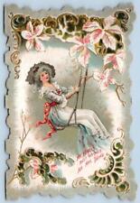 1890's-1920's ERA ANTIQUE VALENTINE CARD DIE CUT WOMAN ON SWING TO MY BELOVED picture